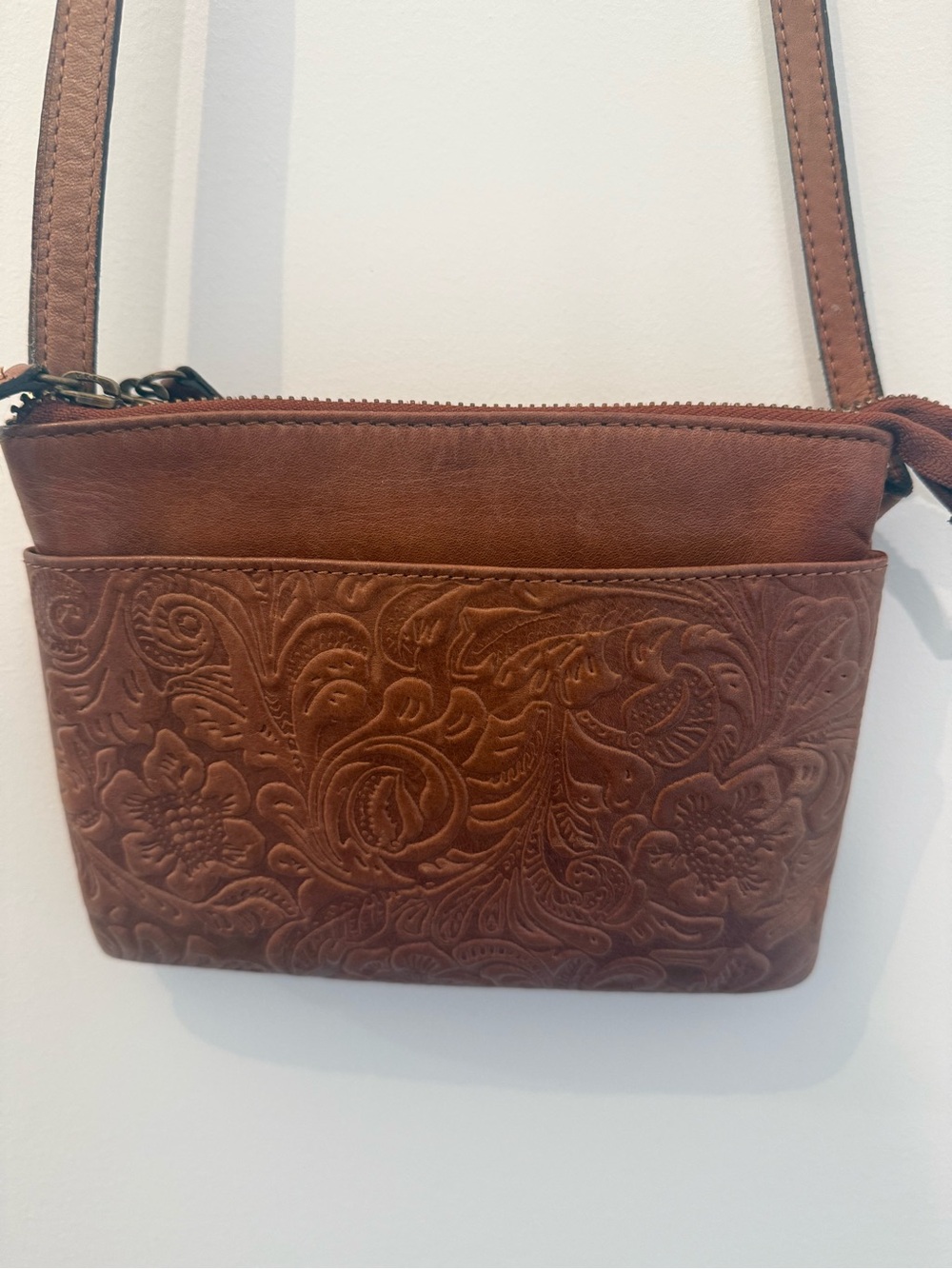 100% Genuine Leather Brown Tooled Leather Crossbody Bag- Made in India